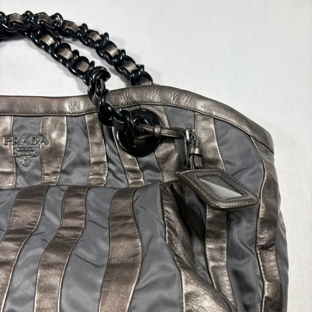 Prada Metalic Napa Tessuto Nylon Mordore Striped Pre-Owned Metallic Chain‎ Tote